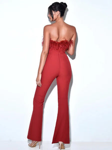 Elegant Red Strapless Feathered Jumpsuit