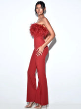 Load image into Gallery viewer, Elegant Red Strapless Feathered Jumpsuit