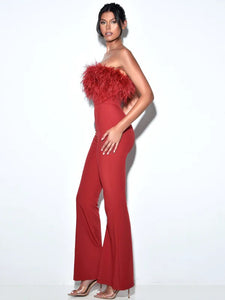 Elegant Red Strapless Feathered Jumpsuit