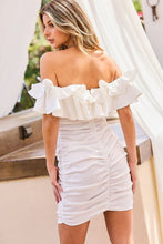 Load image into Gallery viewer, Soft Pink Off Shoulder Ruffle Shirring Satin Mini Dress