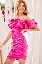 Load image into Gallery viewer, Soft Pink Off Shoulder Ruffle Shirring Satin Mini Dress