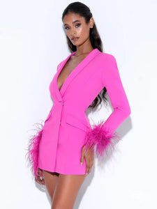 Beauty Classic Pink Feather Trim Blazer Dress