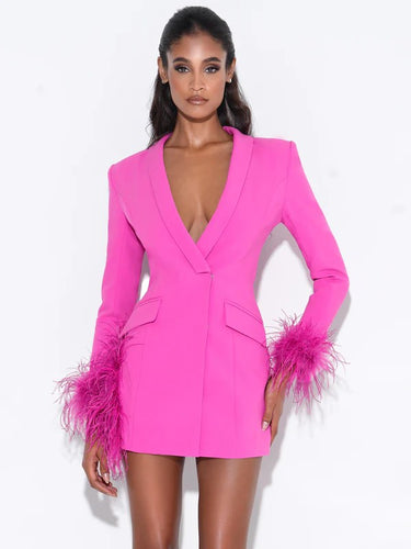 Beauty Classic Pink Feather Trim Blazer Dress