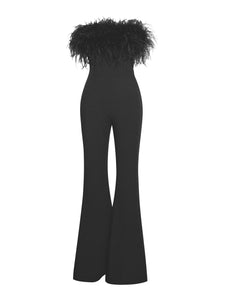 Elegant Black Strapless Feathered Jumpsuit
