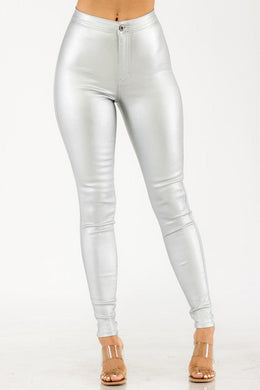 Silver Metallic Coated High Waist Pants