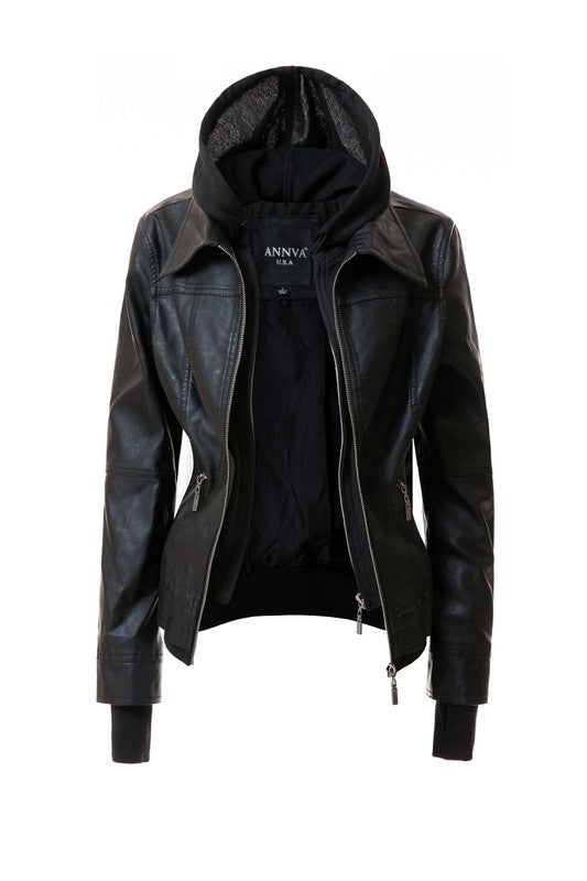 Women's Hooded Faux Leather Jacket