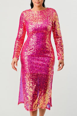 Sequin Mermaid Pink Long Sleeve Midi Dress