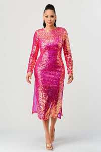 Sequin Mermaid Pink Long Sleeve Midi Dress