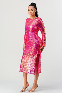 Sequin Mermaid Pink Long Sleeve Midi Dress