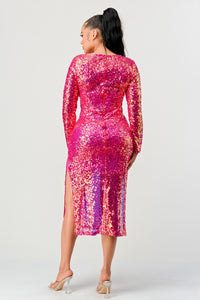 Sequin Mermaid Pink Long Sleeve Midi Dress