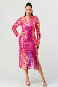 Sequin Mermaid Pink Long Sleeve Midi Dress