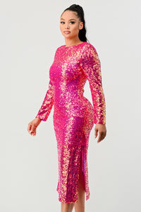 Sequin Mermaid Pink Long Sleeve Midi Dress