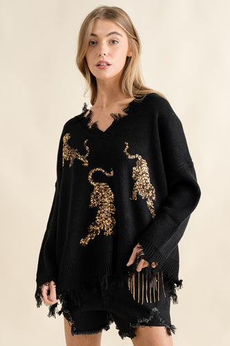 Warm Black Frayed Edge Sequin Tiger Sweater