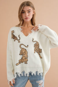 Warm Black Frayed Edge Sequin Tiger Sweater