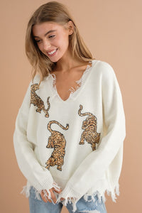 Warm Black Frayed Edge Sequin Tiger Sweater