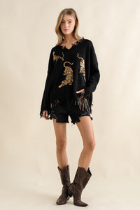 Warm Black Frayed Edge Sequin Tiger Sweater