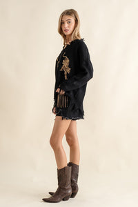 Warm Black Frayed Edge Sequin Tiger Sweater