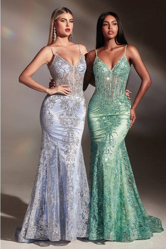 Embroidered Fantasy Sage Green Sequined Sleeveless Mermaid Gown