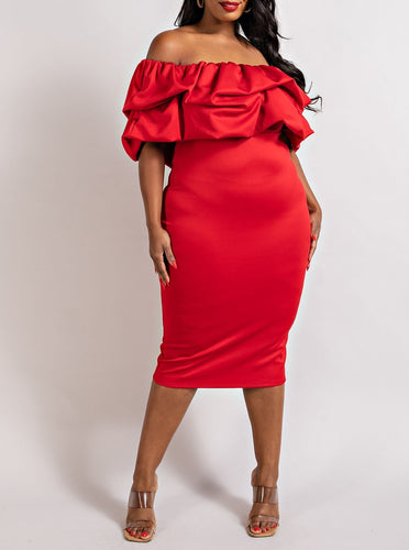 Plus Size Vibrant Orange Off Shoulder Ruffled Short Sleeve Midi Dress