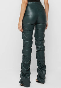 Olive Green Faux Leather High Waist Stacked Pants