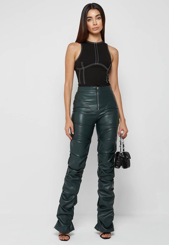 Olive Green Faux Leather High Waist Stacked Pants