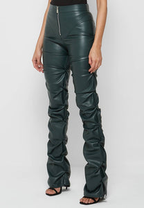 Olive Green Faux Leather High Waist Stacked Pants