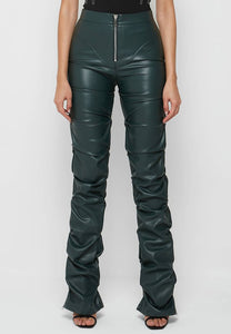 Olive Green Faux Leather High Waist Stacked Pants