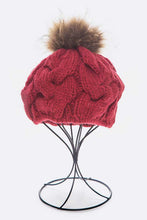 Load image into Gallery viewer, Large Fur Pom Cable Knit Beret Beanie