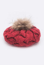 Load image into Gallery viewer, Large Fur Pom Cable Knit Beret Beanie