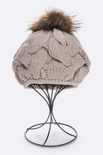 Load image into Gallery viewer, Large Fur Pom Cable Knit Beret Beanie