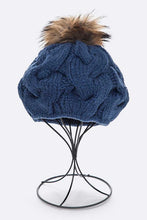 Load image into Gallery viewer, Large Fur Pom Cable Knit Beret Beanie