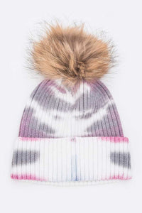 Tie Dyed Natural Raccoon Fur Pom Beanie