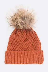 Raised Knit Large Fur Pom Beanie