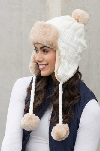 White Cable Weave Pom Trapper Hat