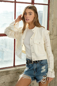 Twill Crop White Crochet Sleeve Jacket