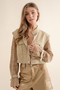 Twill Crop White Crochet Sleeve Jacket