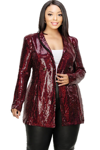 Plus Size Ruby Red Sequined Long Sleeve Blazer Jacket