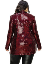 Load image into Gallery viewer, Plus Size Ruby Red Sequined Long Sleeve Blazer Jacket