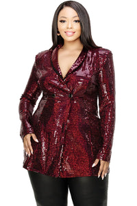 Plus Size Ruby Red Sequined Long Sleeve Blazer Jacket