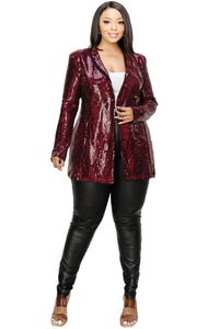 Plus Size Ruby Red Sequined Long Sleeve Blazer Jacket
