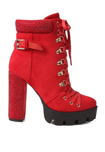 Red Birch Diamante Set Block Heeled Ankle Boot