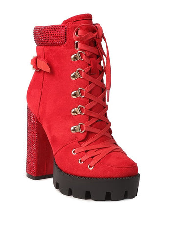 Red Birch Diamante Set Block Heeled Ankle Boot