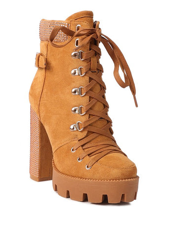 Tan Birch Diamante Set Block Heeled Ankle Boot