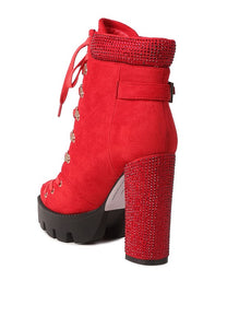 Red Birch Diamante Set Block Heeled Ankle Boot