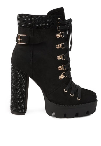 Black Birch Diamante Set Block Heeled Ankle Boot