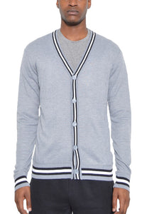 Men's Black Two Stripe Long Sleeve Cardigan Sweater