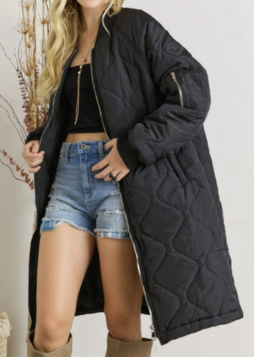 Black Quilted Zip Up Long Sleeve Utility Jacket