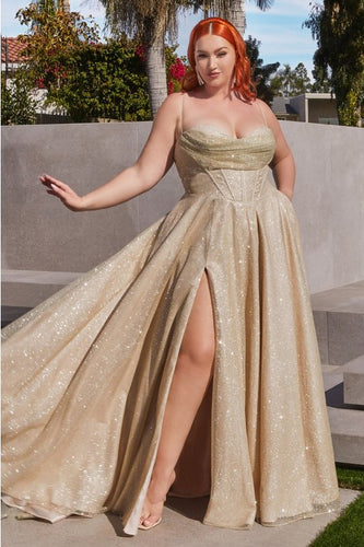 Plus Size Gold Lace Up Corset Glitter Ball Gown