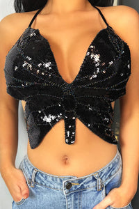 Silver Sequin Butterfly Lace Up Top