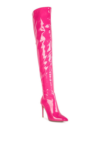 Eclectic Neon Pink Patent Leather Stiletto High Heel Boots